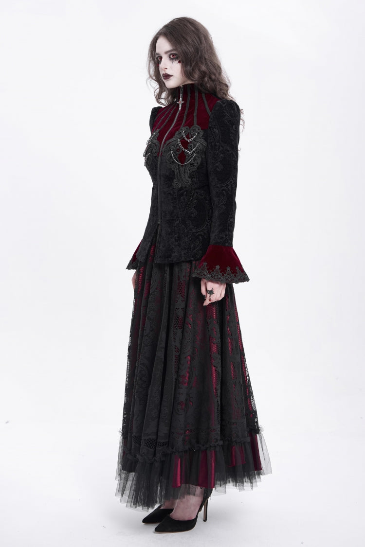 Black/Red Stand Collar Long Trumpet Sleeves Embroidery Women's Gothic Jacket