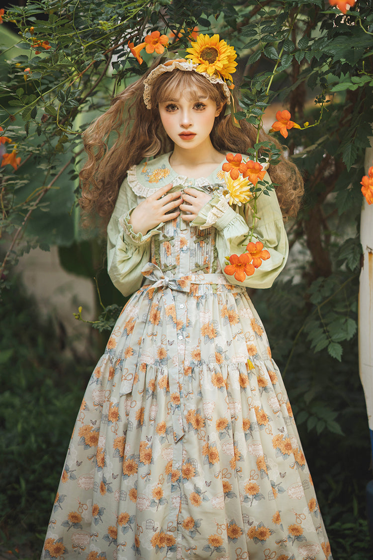 Green [Gardening Sunflower] Sleeveless Print Ruffle Bowknot Sweet Elegant Lolita Jsk Dress