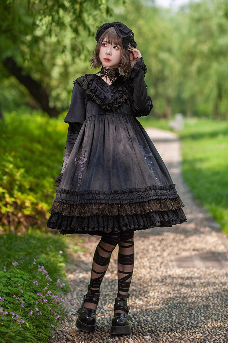 Holy Fruit Manor Embroidery Print Long Puff Sleeves Ruffle Gothic Lolita Dress 2 Colors