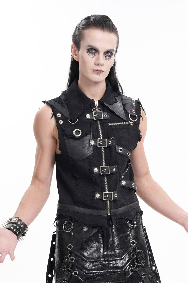 Black Lapel Collar Sleeveless Ripped Buckle Eyelets Men's Gothic Vest