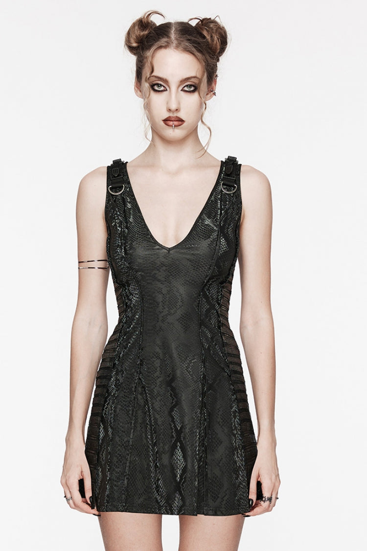 Black V Collar Sleeveless Snake Print Stitching Mesh Women's Punk Dress