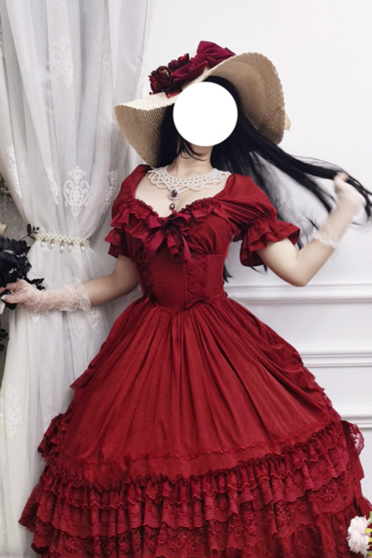 Rotes, kurzes Lolita-Kleid mit Puffärmeln, mehrlagiger Rüschenschleife und klassischem Vintage-Stil