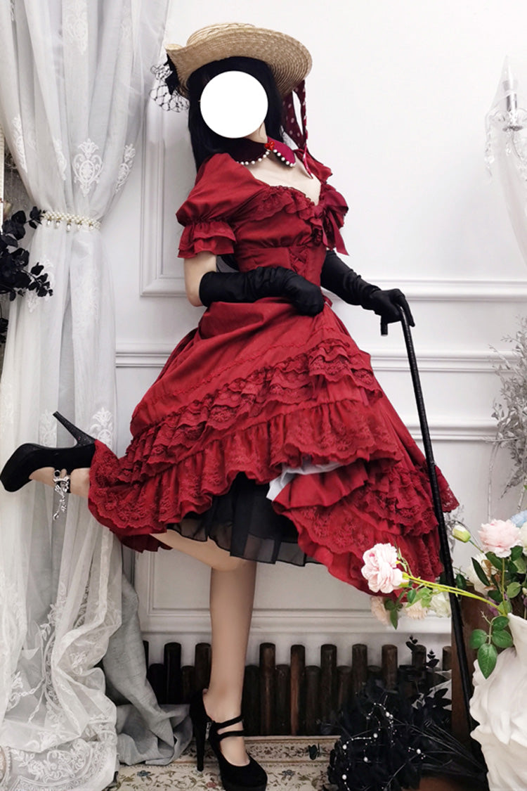 Rotes, kurzes Lolita-Kleid mit Puffärmeln, mehrlagiger Rüschenschleife und klassischem Vintage-Stil