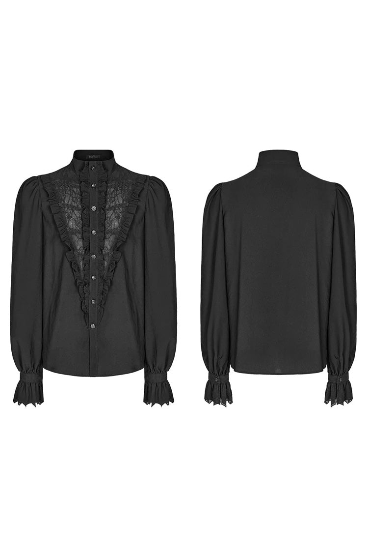 Black Stand Collar Ruffle Webbing Embellishment Mens Gothic Blouse