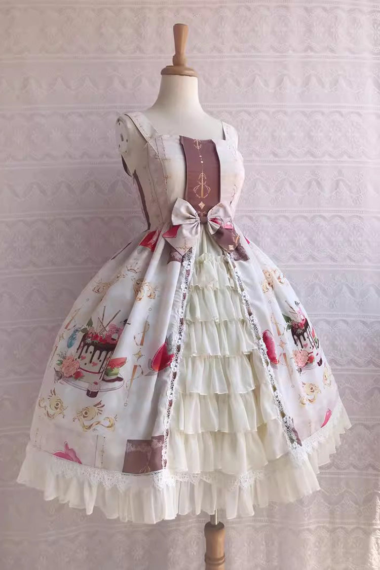 Cool Summer Dessert Print Ruffle Cardigan Bowknot Sweet Lolita Jsk Dress 3 Colors