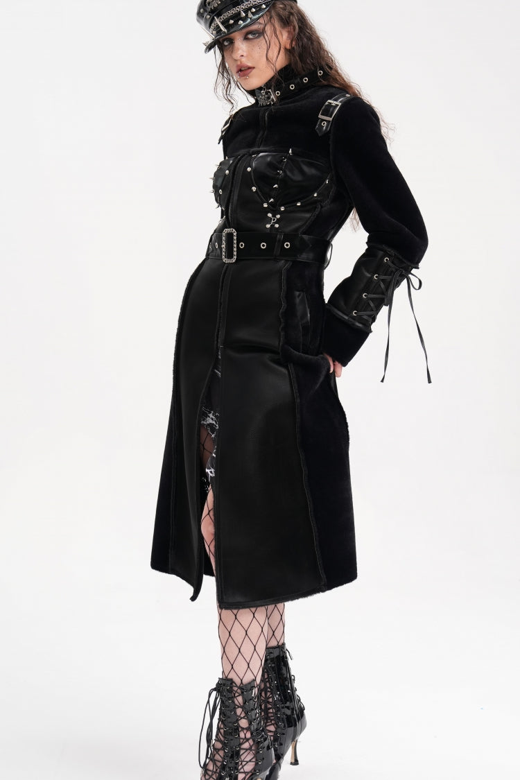 Black Women's Buckle-up Studs Eyelets Gothic Coat