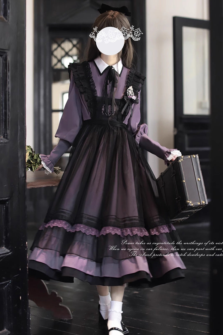 Black [Witch Academy] Double-Layered Ruffle Embroidery Bowknot Mesh Sweet Elegant Lolita Jumper Dress