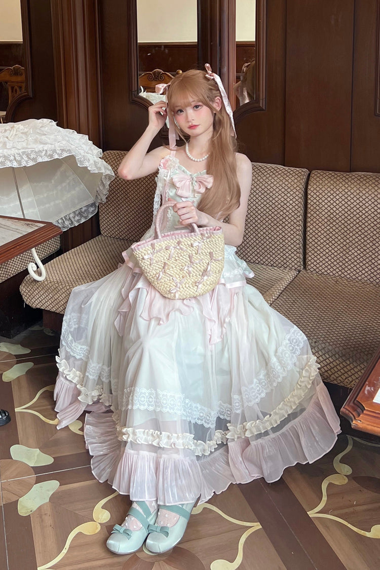 Pink/Green Summer Garden Ruffle Embroidery Bowknot Lace Sweet Lolita Jsk Long Dress