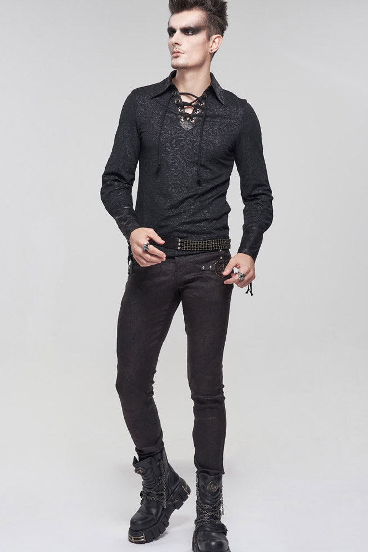 Black Gothic Pattern Decoration Tie Rope Design Knitted Elasticity Pullover Men's Shirt