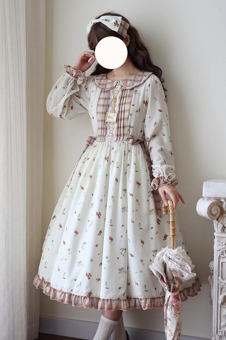 Ivory Round Collar Long Sleeves Print Ruffle Bowknot Sweet Elegant Lolita Dress