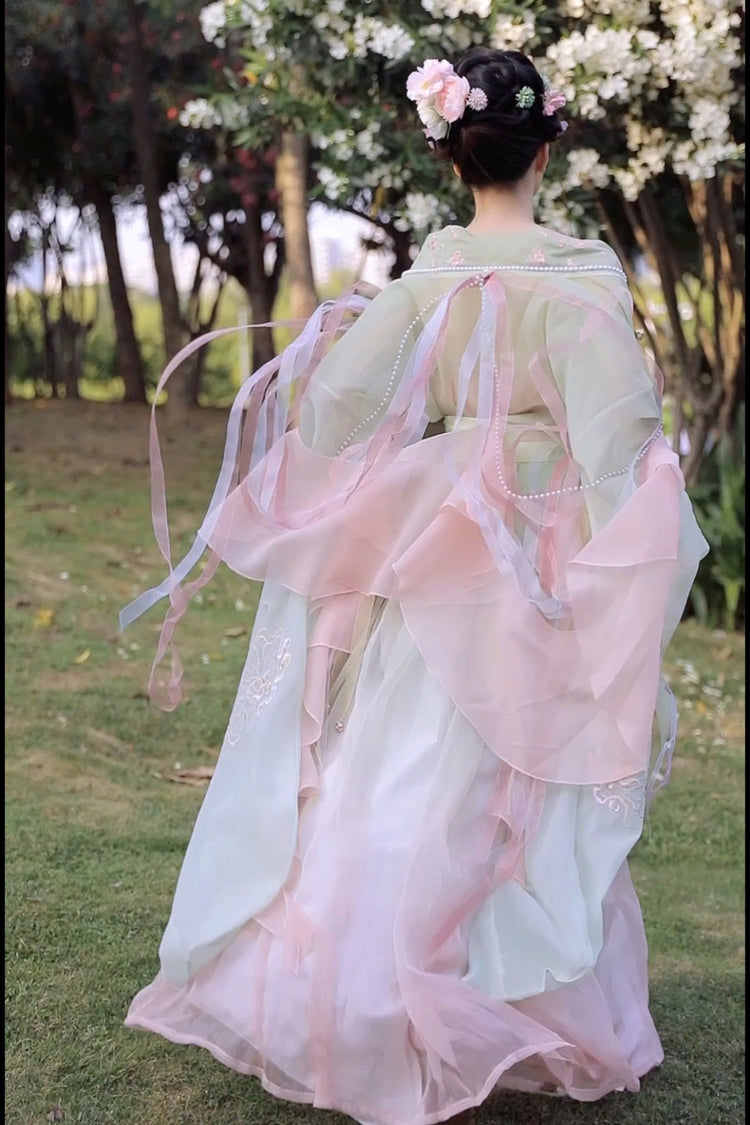 Wunderschöne Stickerei mit Perlen-Accessoires süßes Hanfu-Kleid für Damen, kompletter Satz in 3 Farben