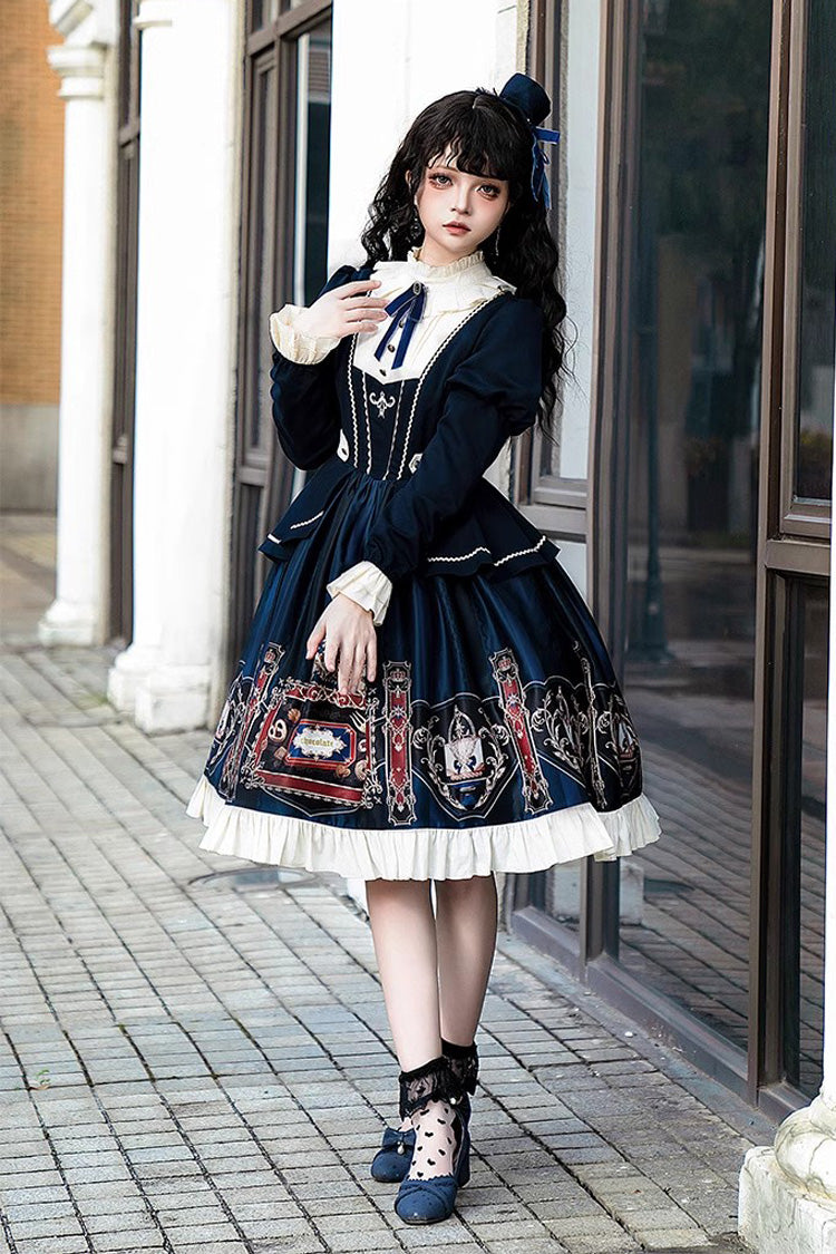 Chocolate Academy Long Sleeves Print Ruffle Vintage College Style Elegant Lolita Dress 2 Colors (Includes petticoat)