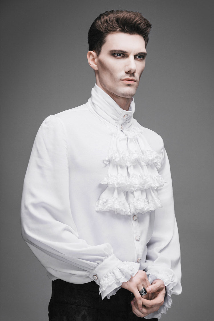 White Ruffled Lace Button-Up Micro-bullet Chiffon Long Sleeve Men's Gothic Shirt