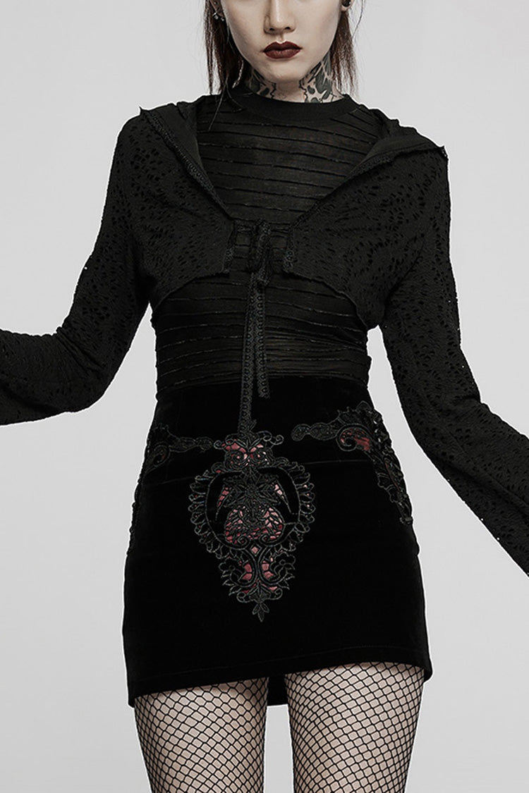 Black Gothic Lace Big Hat Hole Mysterious Horn Long Sleeve Short Women's Coat