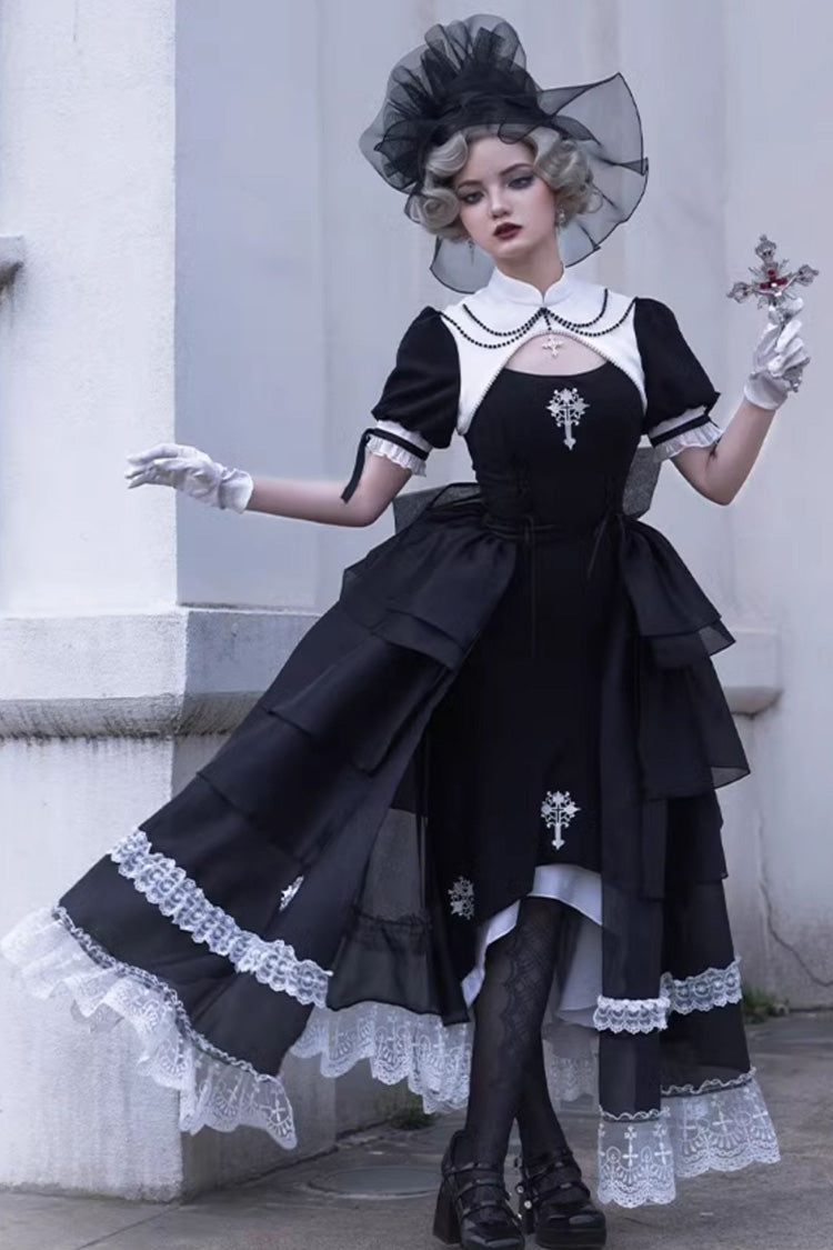 Schwarzes, zweiteiliges Lolita-Kleid im Nonnenstil „Prayer for the Dead“ mit Spitzennähten und durchsichtigem Gothic-Stil