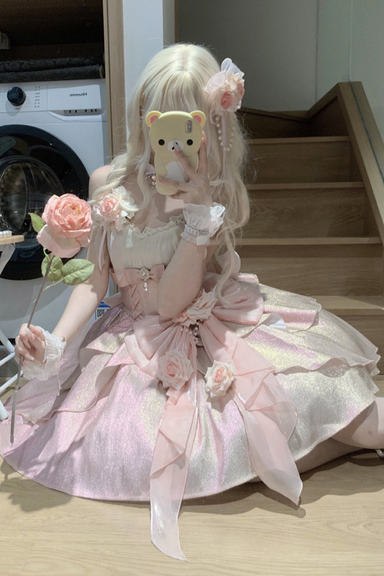 Pink [Rose Heart Knot] Ruffle Hanayome Bowknot Sweet Princess Gorgeous Lolita Jsk Dress