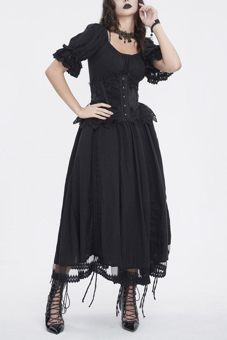 Schwarzes Gothic-Kleid mit kurzen Ärmeln und Rüschen und Kordelzug für Damen