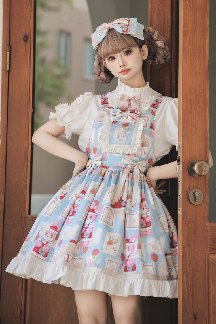 Light Blue [Letter from Showa] Rabbit and letter Print Ruffle Bowknot Sweet Princess Lolita Strap Dress