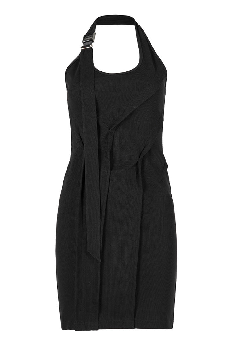 Schwarzes, verstellbares, sexy Neckholder-Ärmelloses, dreidimensionales, plissiertes Stretch-Kleid für bequeme Damen im Gothic-Stil