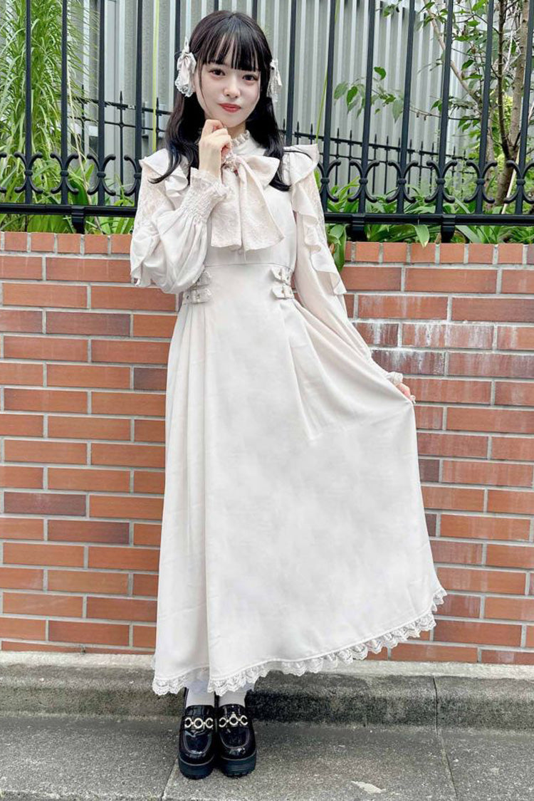 White Stand Collar Off Shoulder Long Sleeves Hollow Bowknot Slim Jirai Kei Japanese Dress