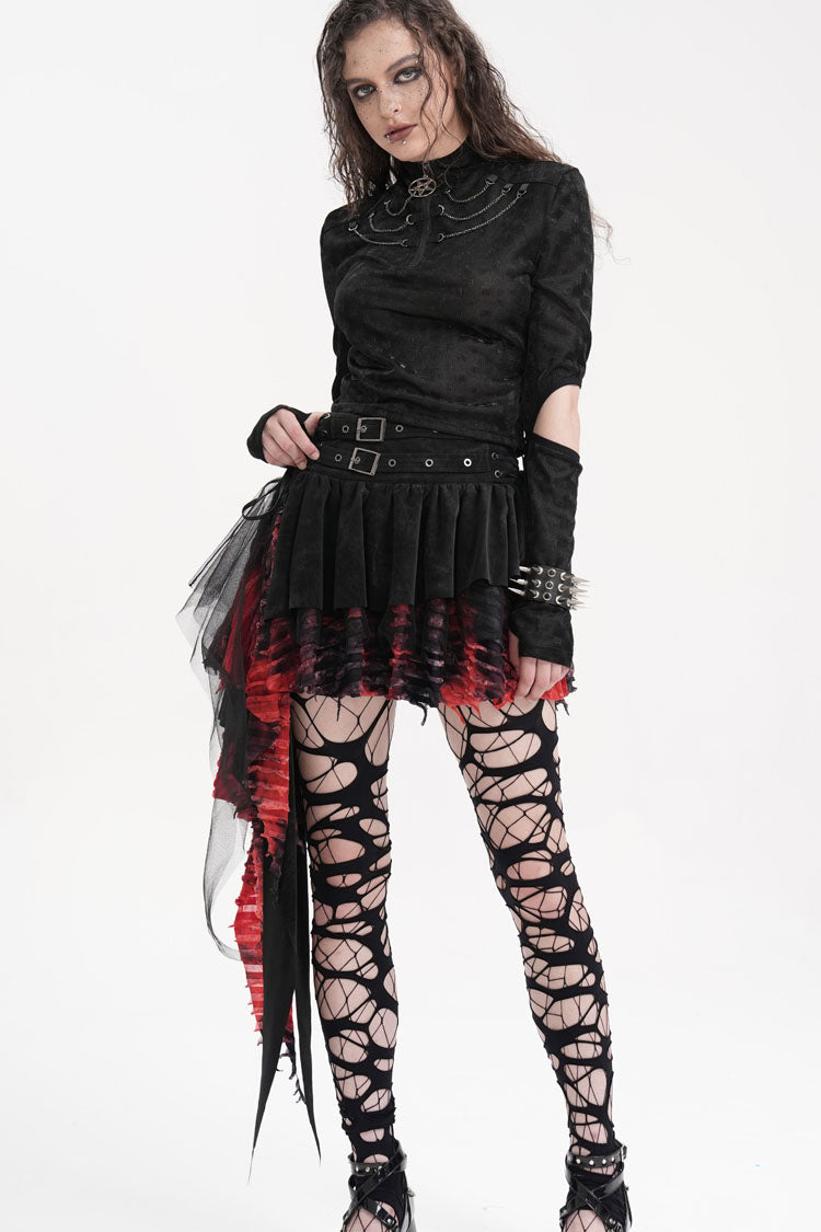 Black/Red Stitching Irregular Mesh Women's Gothic Skirt