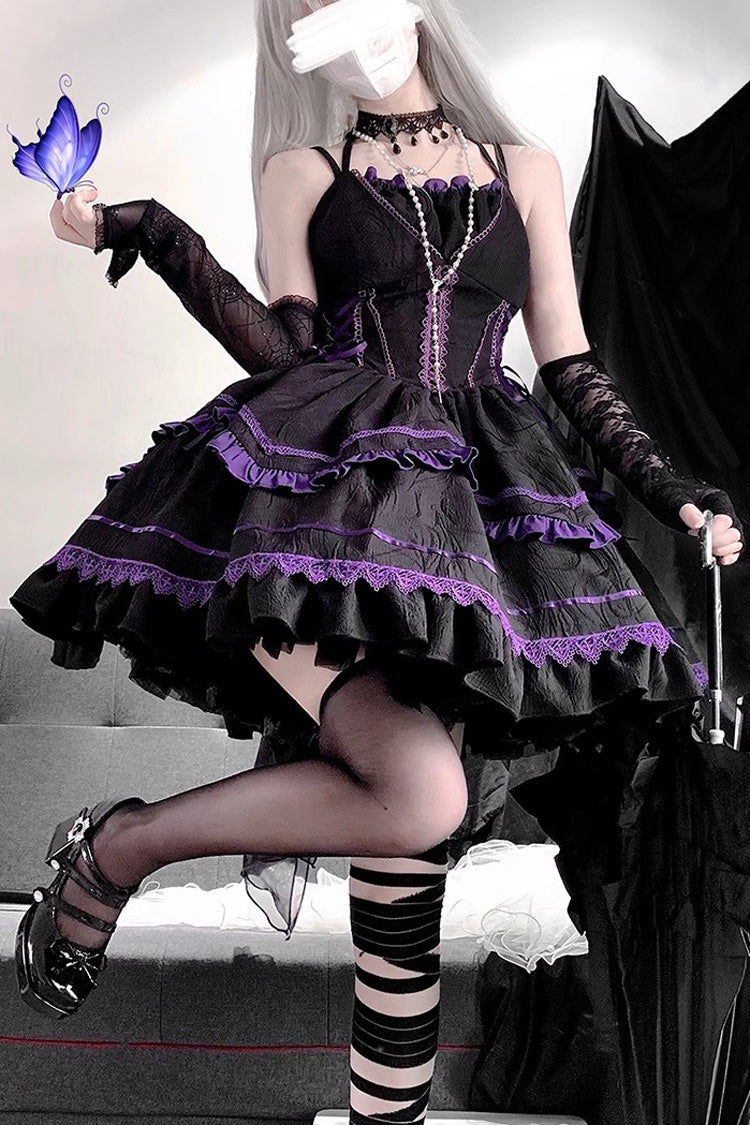 Schwarz/violettes mehrlagiges Ballettkleid im Gothic-Lolita-JSK-Stil mit Rüschen am Seine-River-Muster