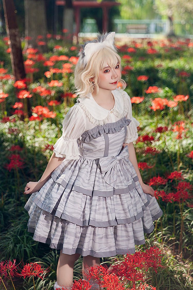 Grey [Cloth Cat] Triple-Layered Print Ruffle Bowknot Sweet Lolita Dress