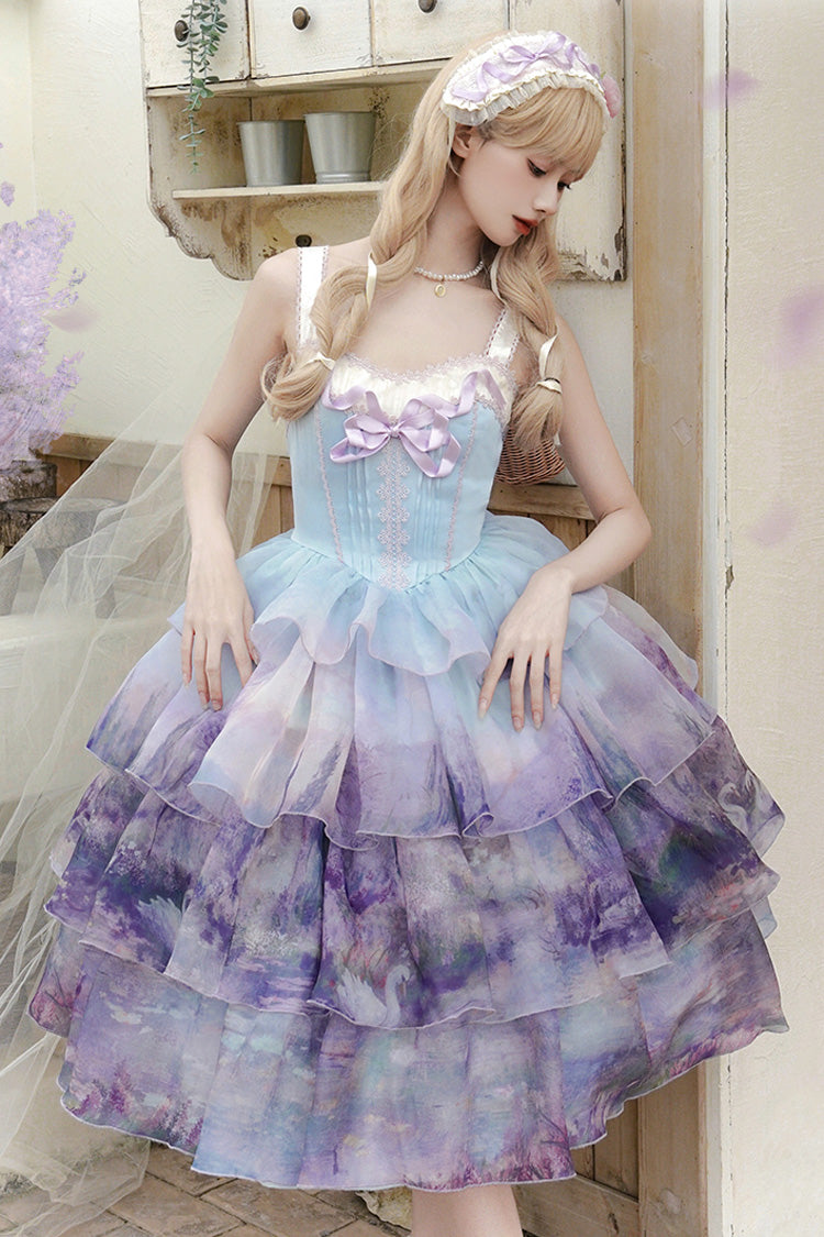 Multi-Color Three-layer Swan Lake Print Oil Painting Ruffle Bowknot Sweet Lolita Jsk Dress