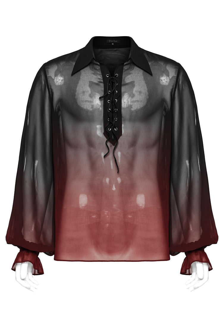 Schwarz/Rot Reverskragen Farbverlauf Transparente Herren Gothic Bluse