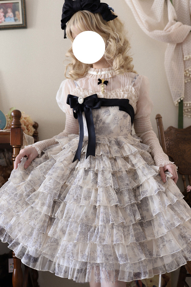 Multi-Color [Wonderland Travels] Multi-Layered Print Ruffle Bowknot Sweet Lolita Tiered Dress