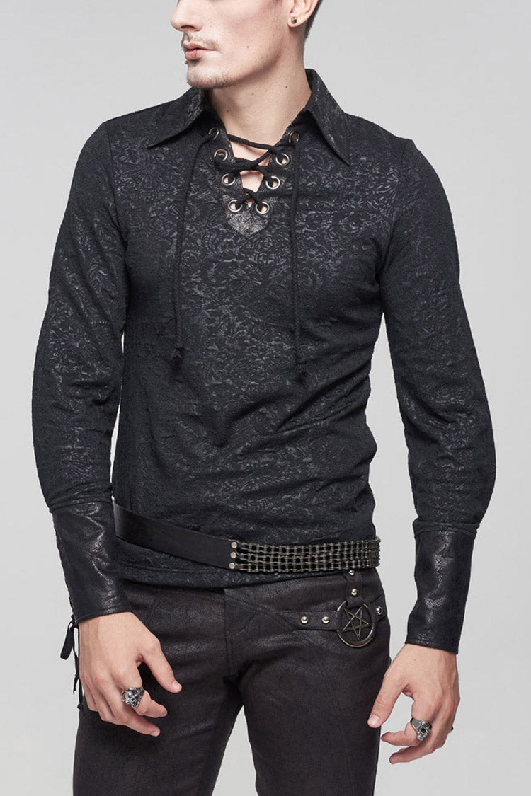 Black Gothic Pattern Decoration Tie Rope Design Knitted Elasticity Pullover Men's Shirt