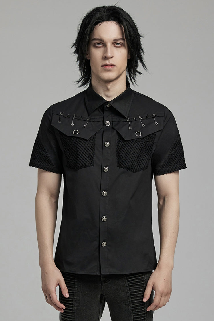 Black Lapel Collar Short Sleeves Mesh Stitching Men's Punk Blouse