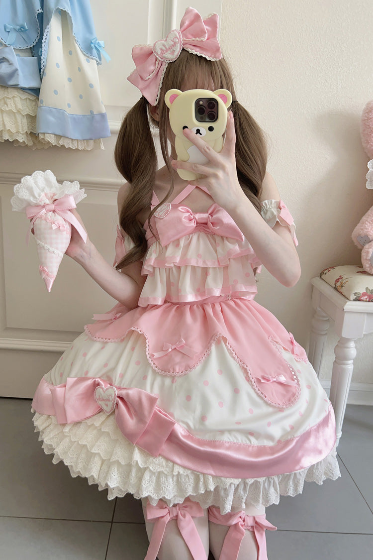 Rosa Creme Mehrlagiges Lolita JSK Kleid mit Tupfenmuster, Rüschen und Schleife