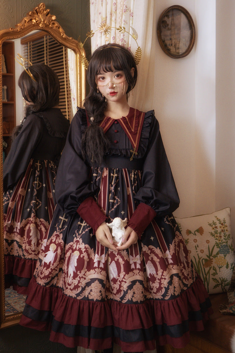 [Angel's Redemption] Long Sleeves Angel Print Ruffle Bowknot Sweet Lolita Dress 3 Colors