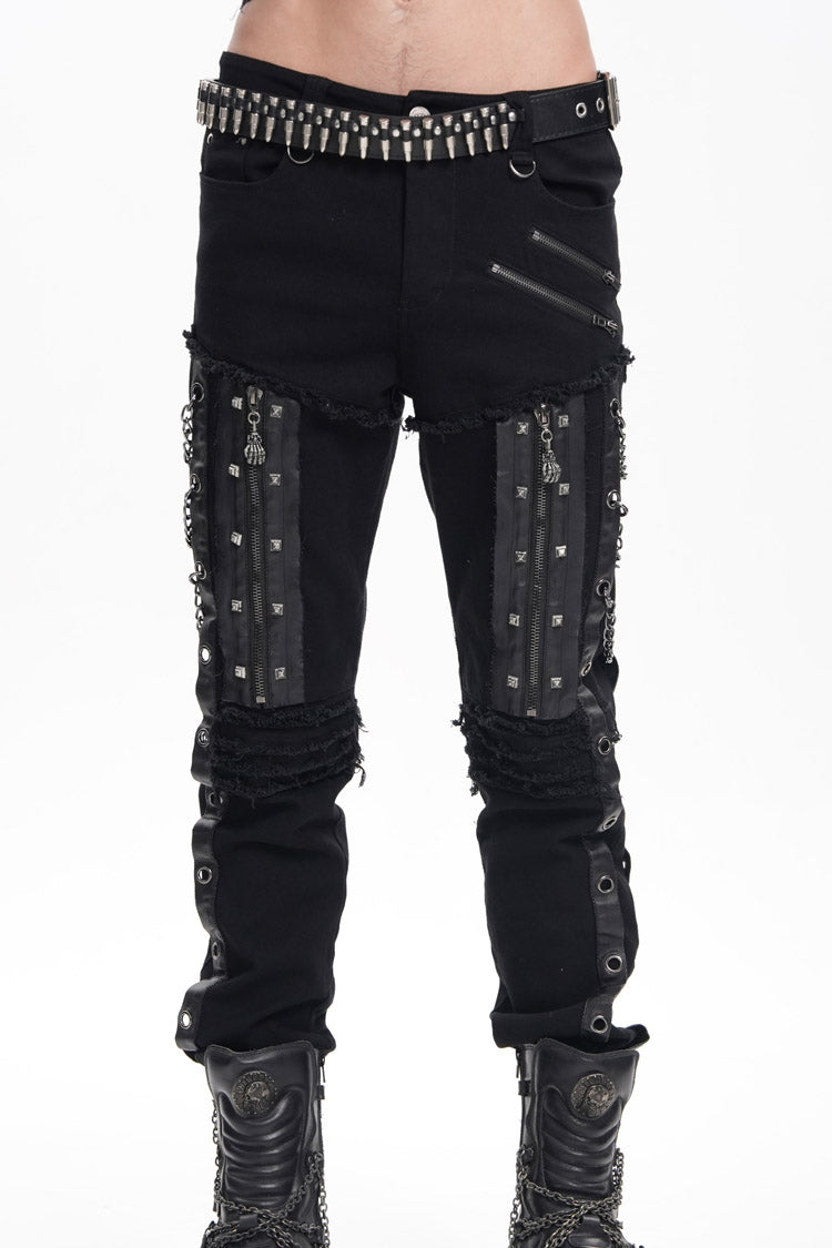 Black Stitching Eyelets Chains Studs Men's Gothic Pants