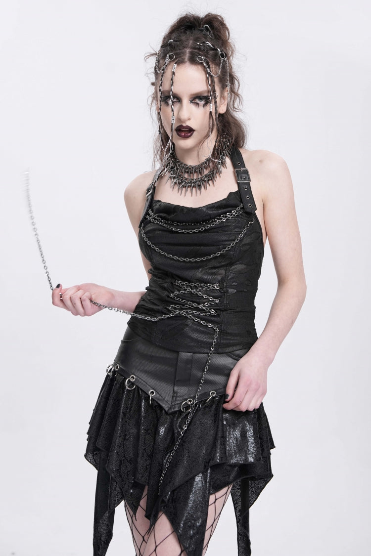 Black Halterneck Ripped Chained Women's Punk Vest