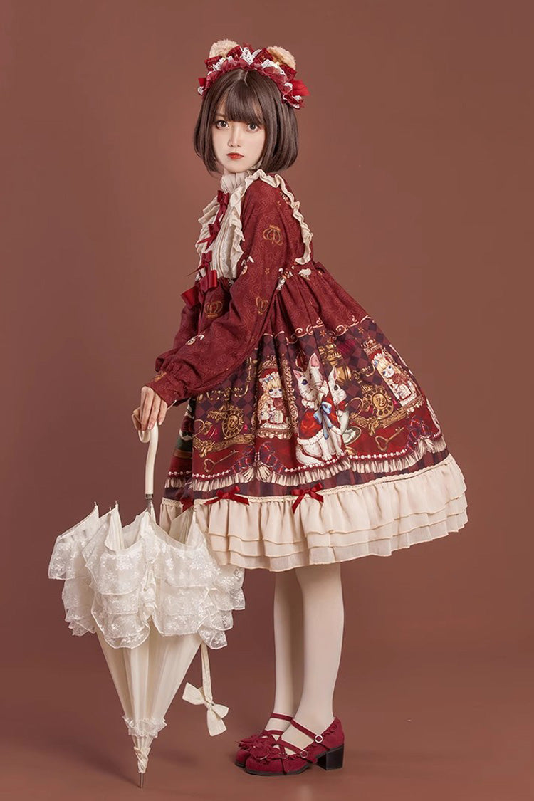 [Rabbit and Bear Feast]  Long Sleeves Multi-Layered Print Ruffle Bowknot Sweet Lolita Dress 2 Colors