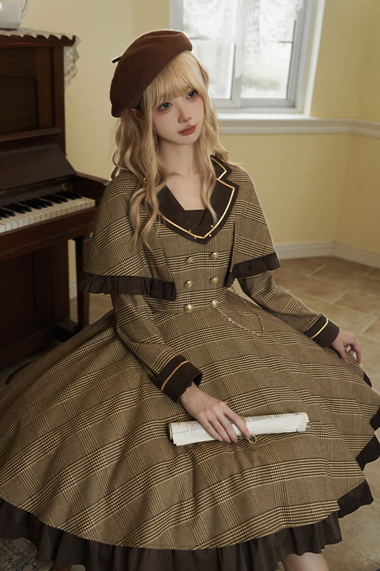 Brown [Baker Street Stories] Stripe Print Ruffle Fake Two Pieces British College Style Classic Lolita Dress