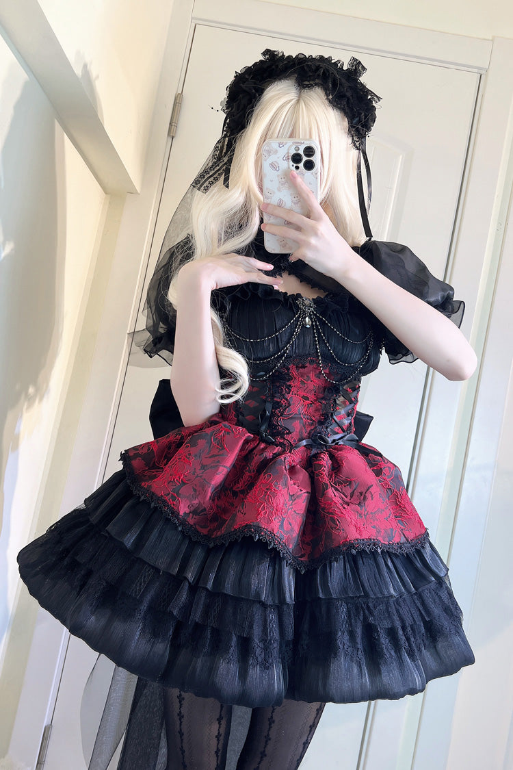 Schwarz/Rot Antiker Traum der dunklen Nacht Print Rüschen Gothic Lolita Jsk Kleid