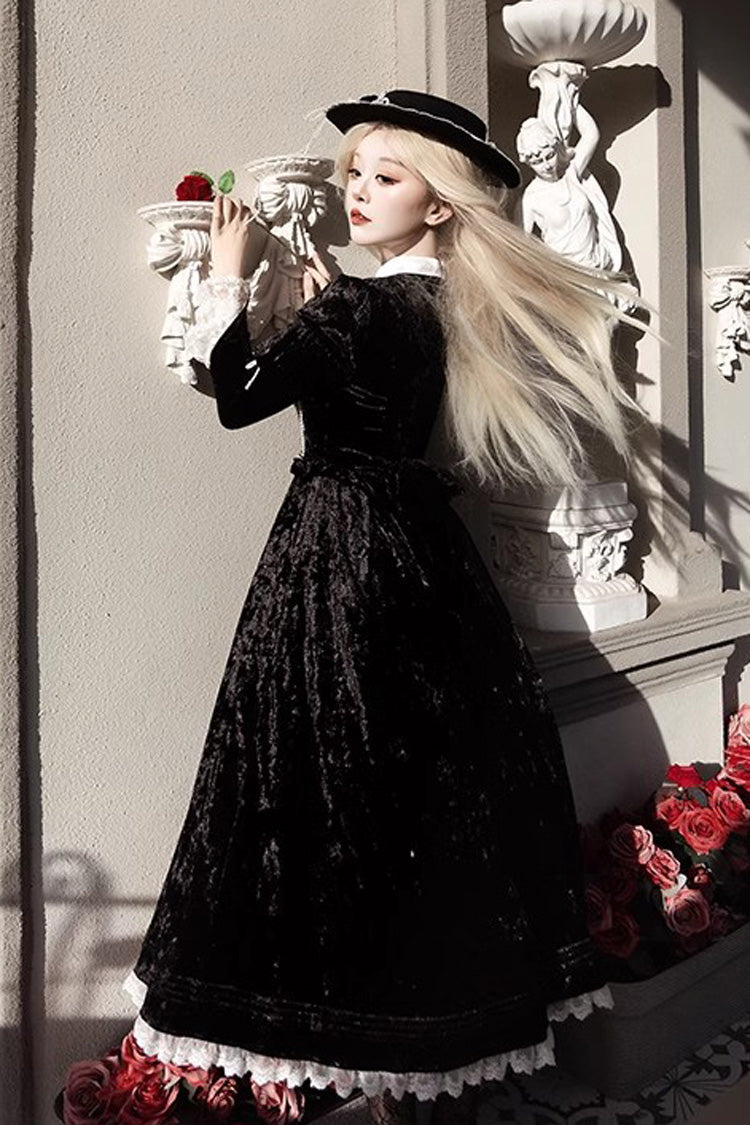 Schwarzes [Whispering Castle] Langärmliges Gothic Lolita Kleid mit Rüschen, Schleife und Spitze