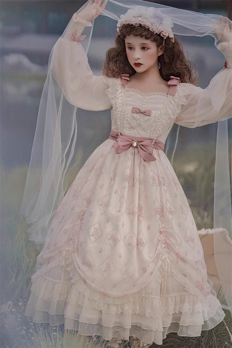 Elfenbeinfarbenes Lolita-Kleid mit mehrlagigem Druck, Rüschen und Schleife, süß und elegant