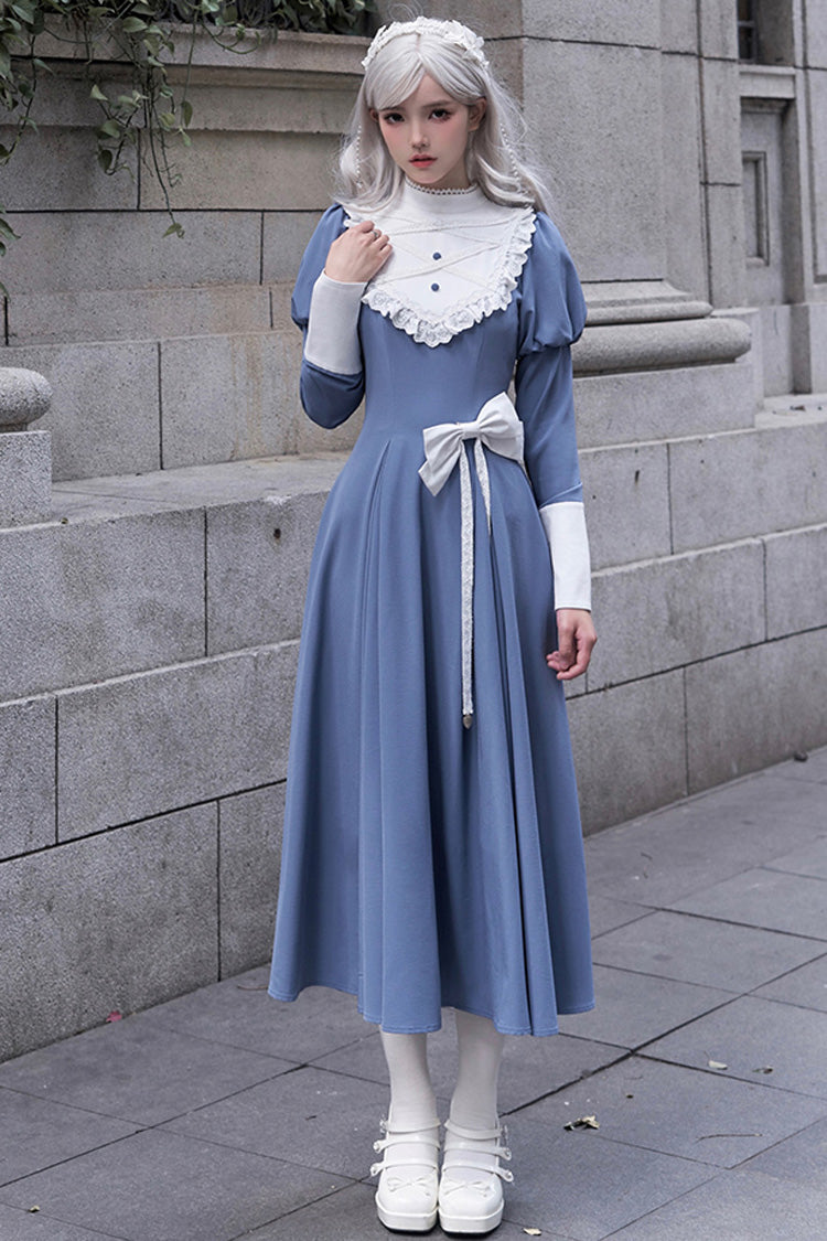 Blaues Lolita-Kleid im Nonnenstil mit Stehkragen, langen Ärmeln, Rüschen und Schleife, klassisch, elegant