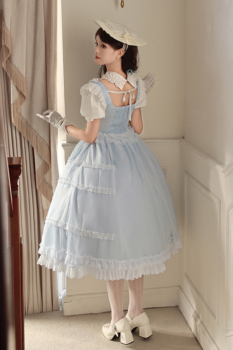 Hellblaues Lolita-Kleid-Set mit eckigem Kragen, kurzen Ärmeln und Rüschen