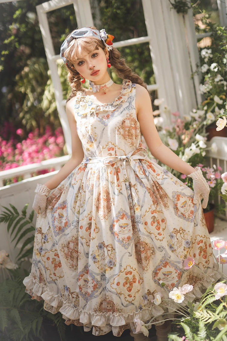 Cat Rose Tea Sleeveless Print Ruffle Bowknot Sweet Lolita Jumper Dress Version2 3 Colors