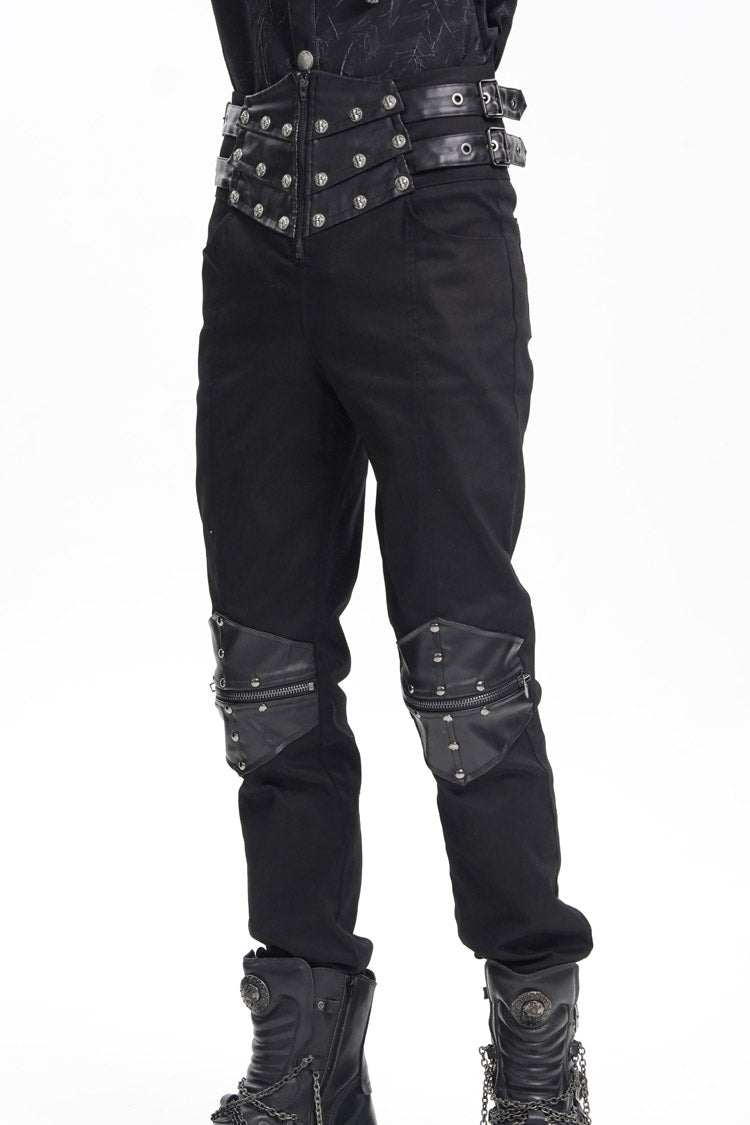 Black Stitching Buckle-up Studs Men's Gothic Pants