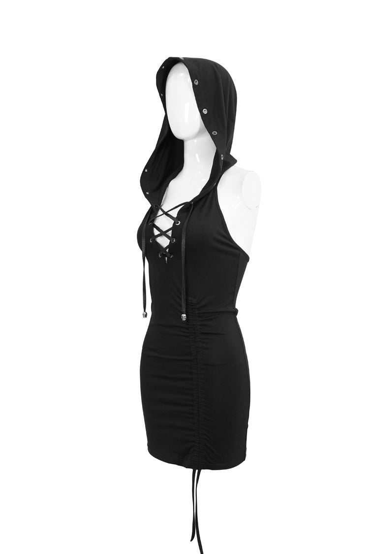 Black Cross Straps Backless Hooded Sleeveless Hip Wrap Women's Punk Dress