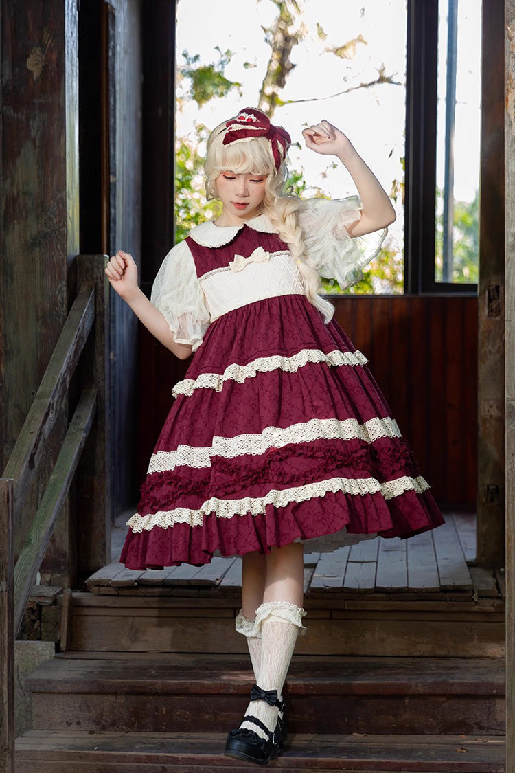 Kindergarten Class Theme Short Sleeves Jacquard Ruffle Bowknot Sweet Lolita Dress 3 Colors