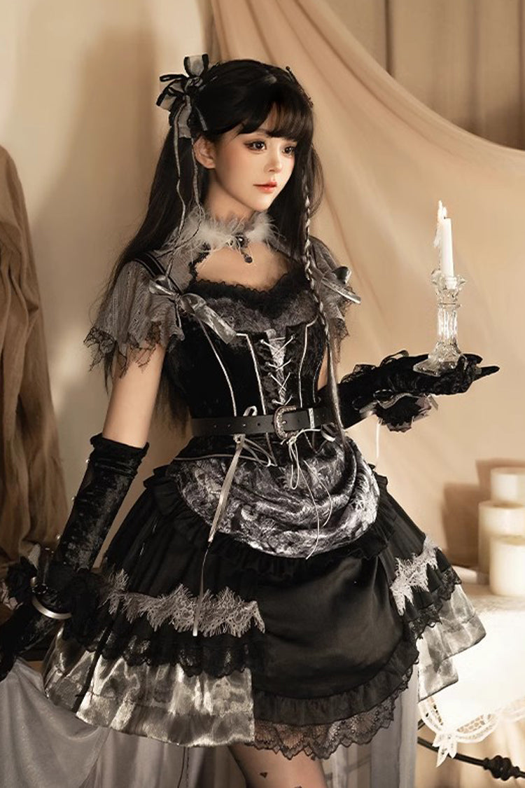 Black [Dark Night Rose] Short Sleeves Print Ruffle Bowknot Lace Asymmetric Gothic Lolita Dress