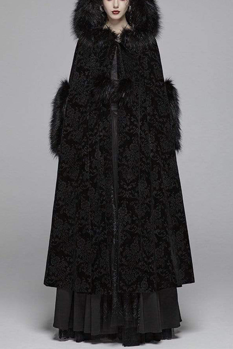 Black Fur Hood Front Fuzzy Ball Bandage Long Women's Gothic Cloak