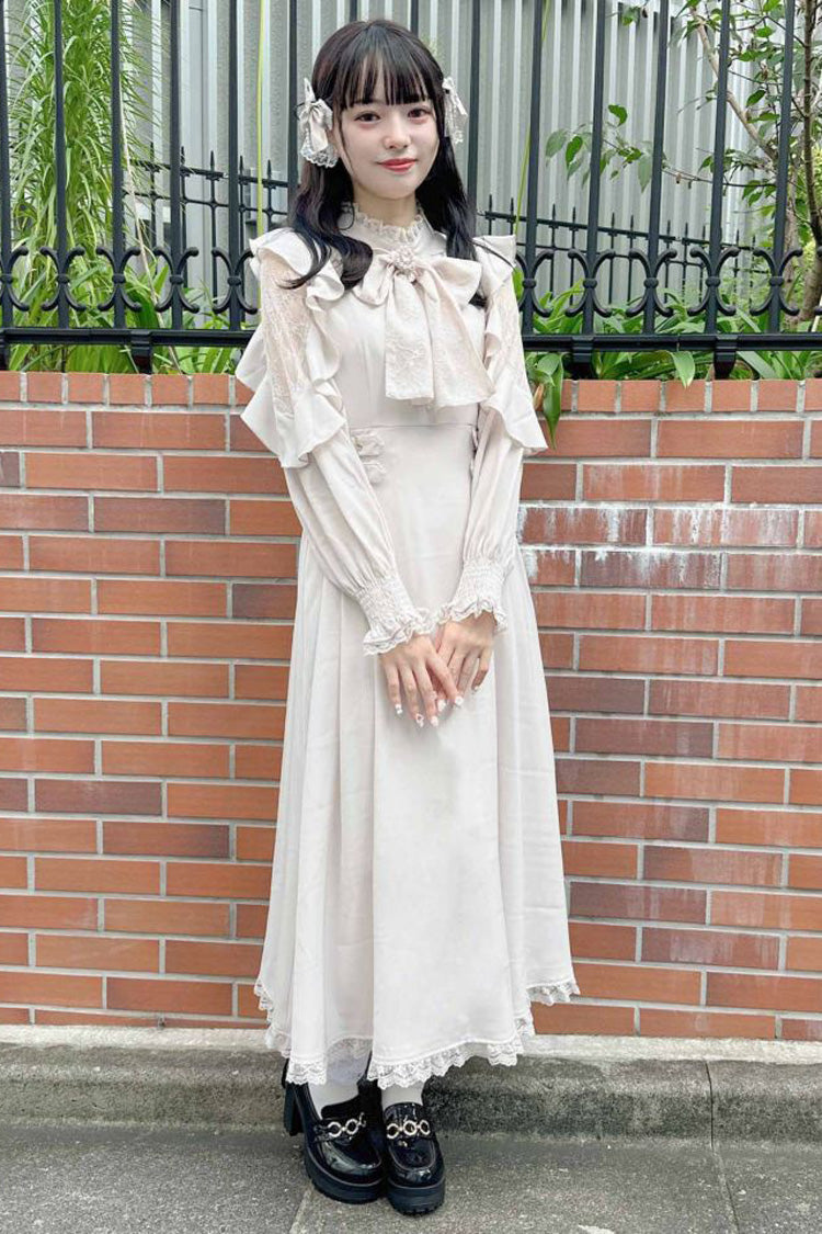 White Stand Collar Off Shoulder Long Sleeves Hollow Bowknot Slim Jirai Kei Japanese Dress